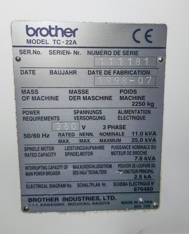 BROTHER TC-22A CNC VERTICAL MACHINING CENTRE