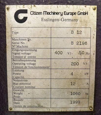 CITIZEN B12 CNC SLIDING HEAD LATHE